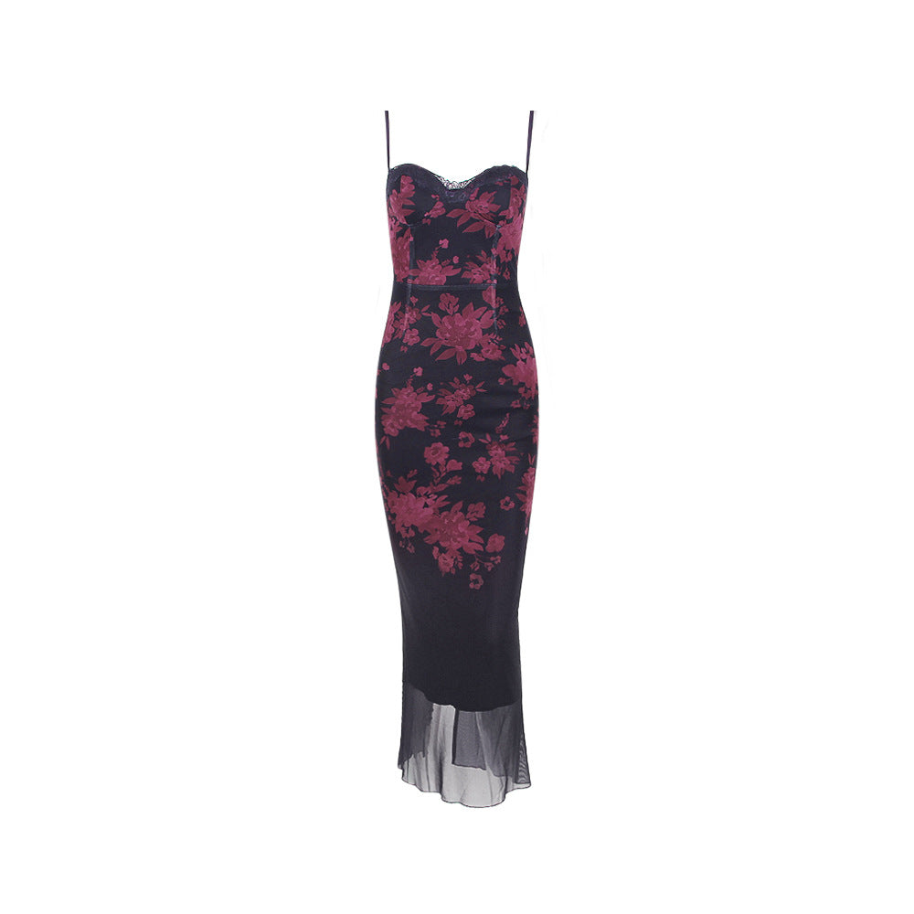 Floral Spaghetti Strap Lace Trim Mesh Bodycon Maxi Dress