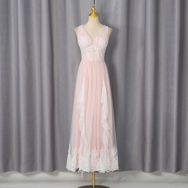 Lace Applique V-Neck Sleeveless Tulle A-Line Maxi Dress 2
