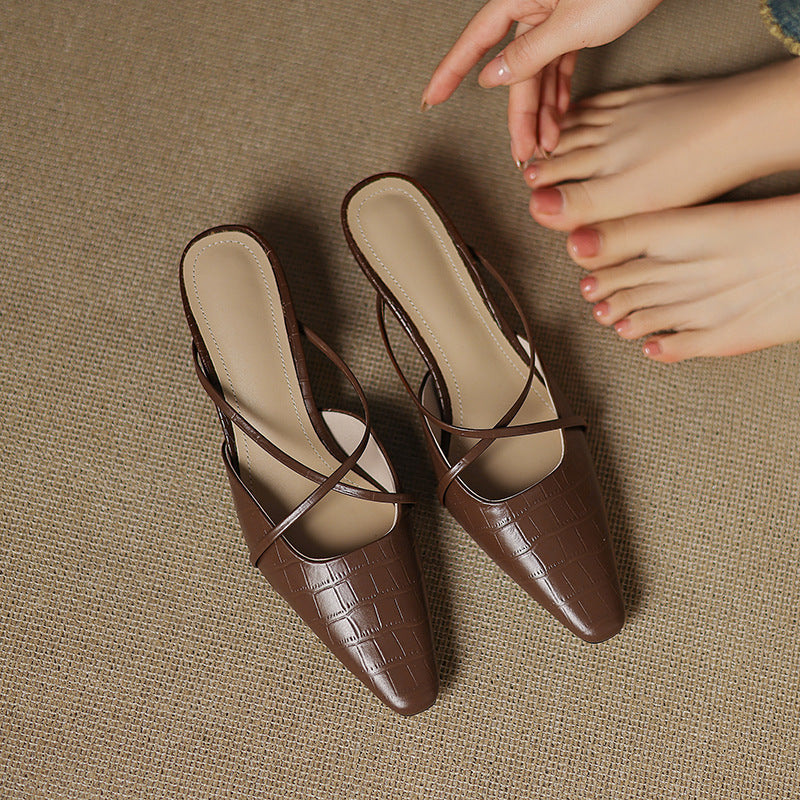 Croc Embossed Pointed Toe Kitten Heel Mules