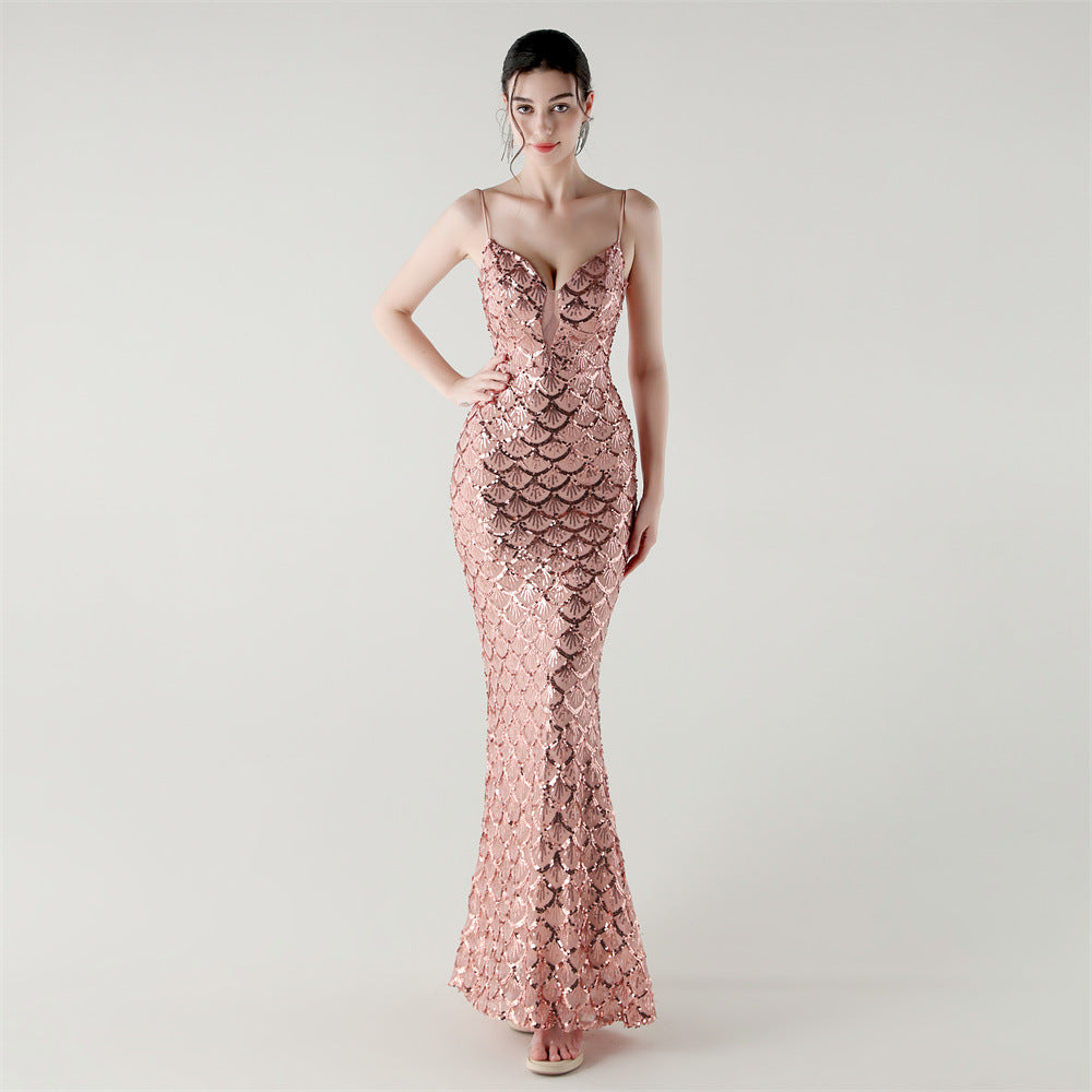 Suspender Deep V Plunge neck Slim Fit Scale Sequin Dress Formal Cocktail Evening Gown