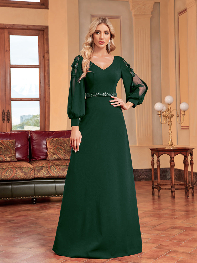 V-Neck Bishop Sleeve Beaded Waist Mermaid Maxi Evening Dress