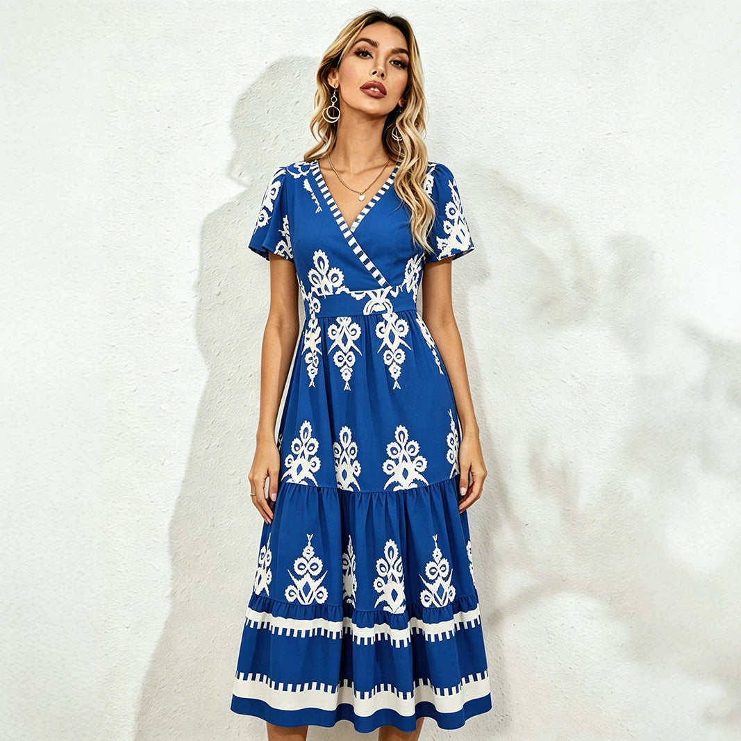 Women Clothing Summer V neck Short Sleeve Printed Midi Dress