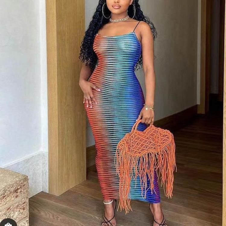 Gradient Striped Sheer Knit Spaghetti Strap Bodycon Maxi Dress 4