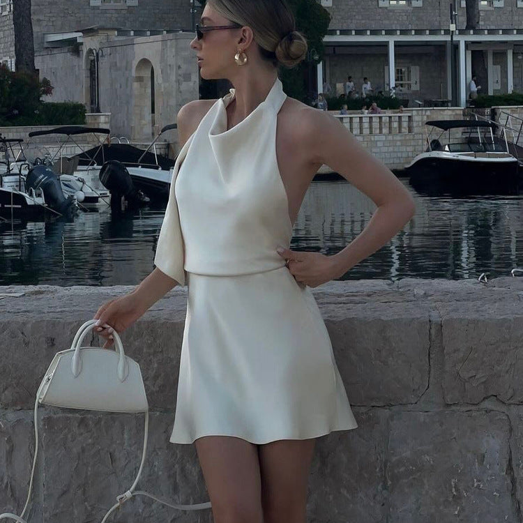 Satin Draping Backless Halter Lace up A line Dress - View 2