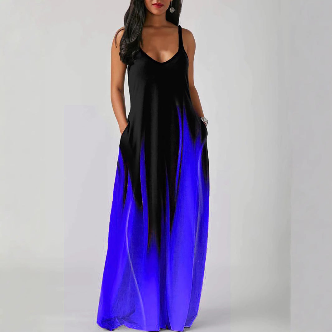 V-Neck Spaghetti Strap Ombre Pocket Loose Maxi Dress 3