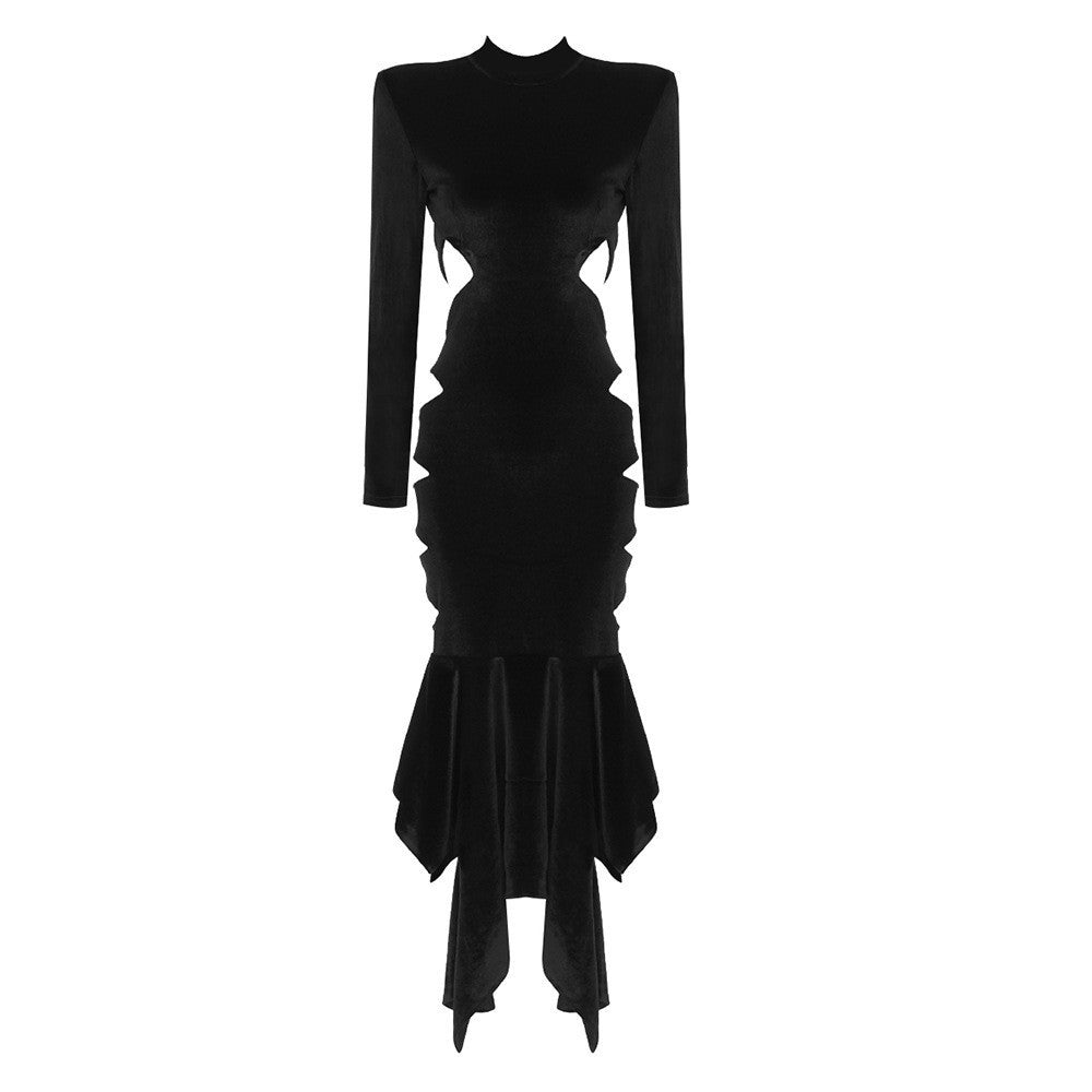 Velvet Long Sleeve Mock Neck Crystal Pendant Waist Cut Out Ruffle Hem Midi Dress