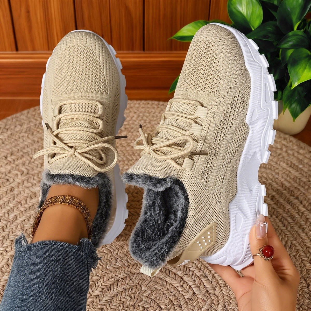 Lace Up Fleece Lined Chunky Lug Sole Sneakers