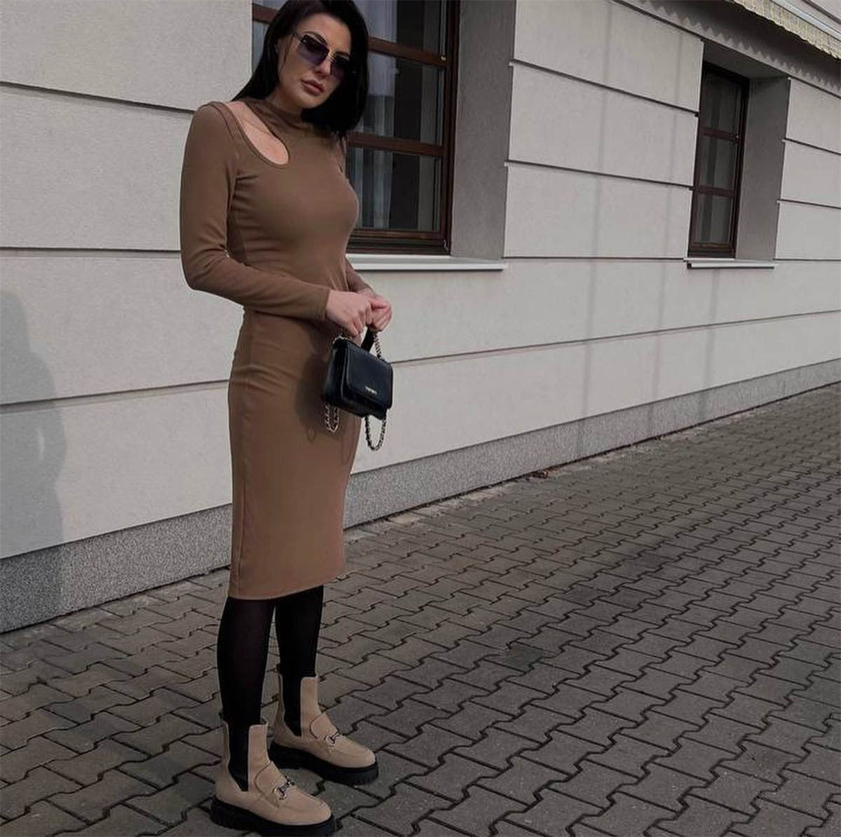 Ribbed Knit Cut Out Shoulder Long Sleeve Side Split Bodycon Midi Dress 2