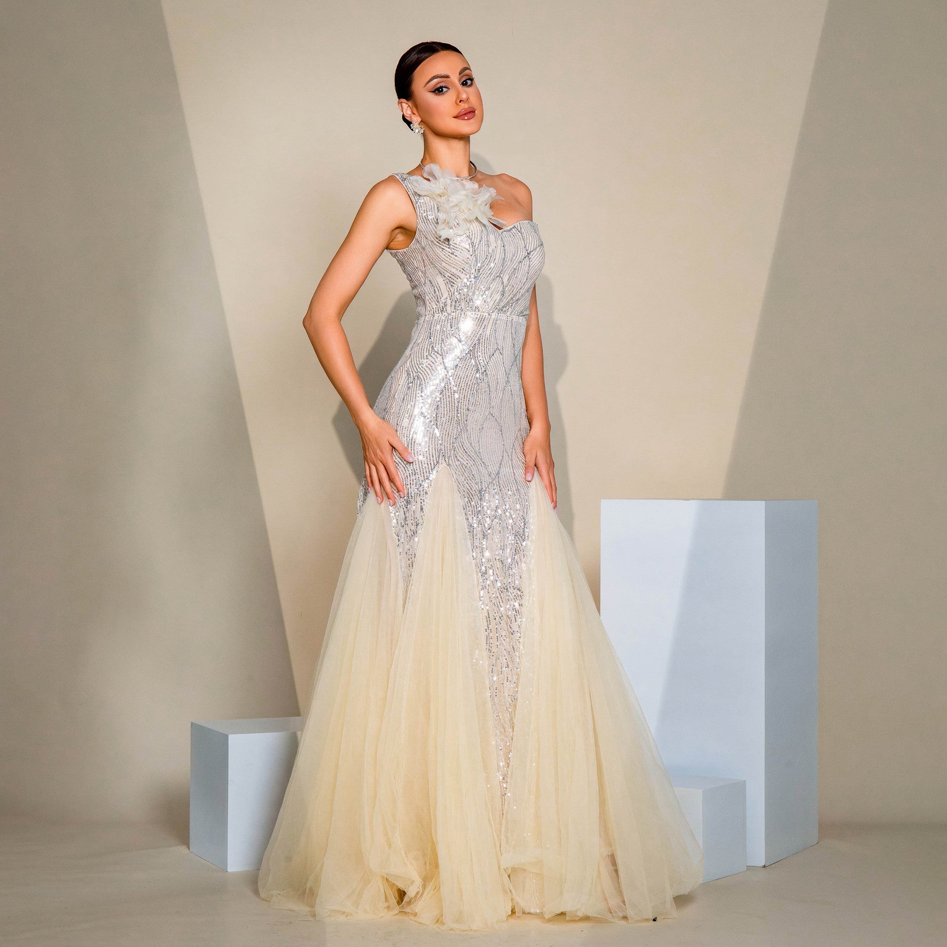 Sequin One Shoulder Floral Applique Tulle Maxi Gown