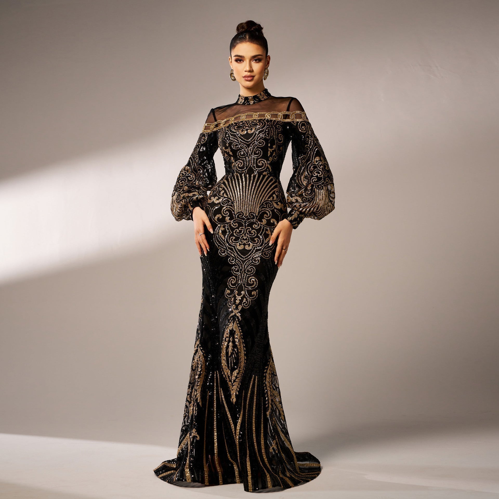 Sequin High Neck Long Sleeve Mermaid Gown