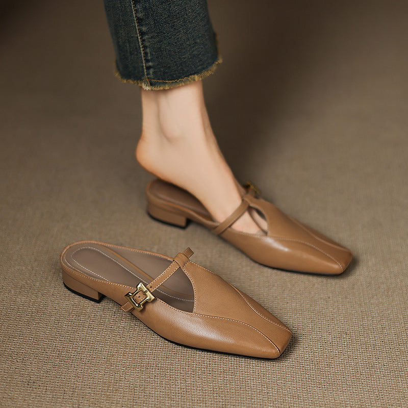 Square Toe Buckle Strap Cut Out Block Heel Mules