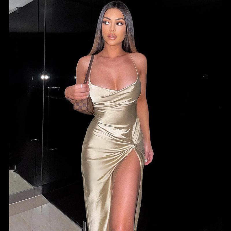 Satin Cowl Neck Spaghetti Strap Twist High Split Midi Dress