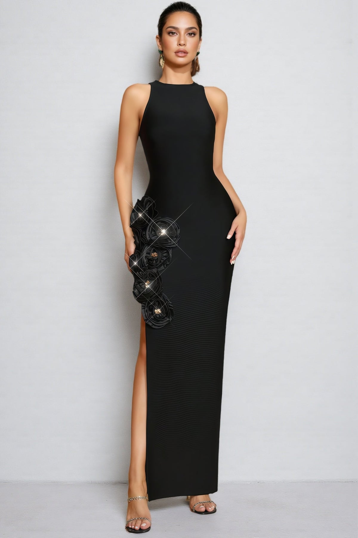 3D Rosette Applique Sleeveless Crew Neck High Split Bandage Maxi Dress