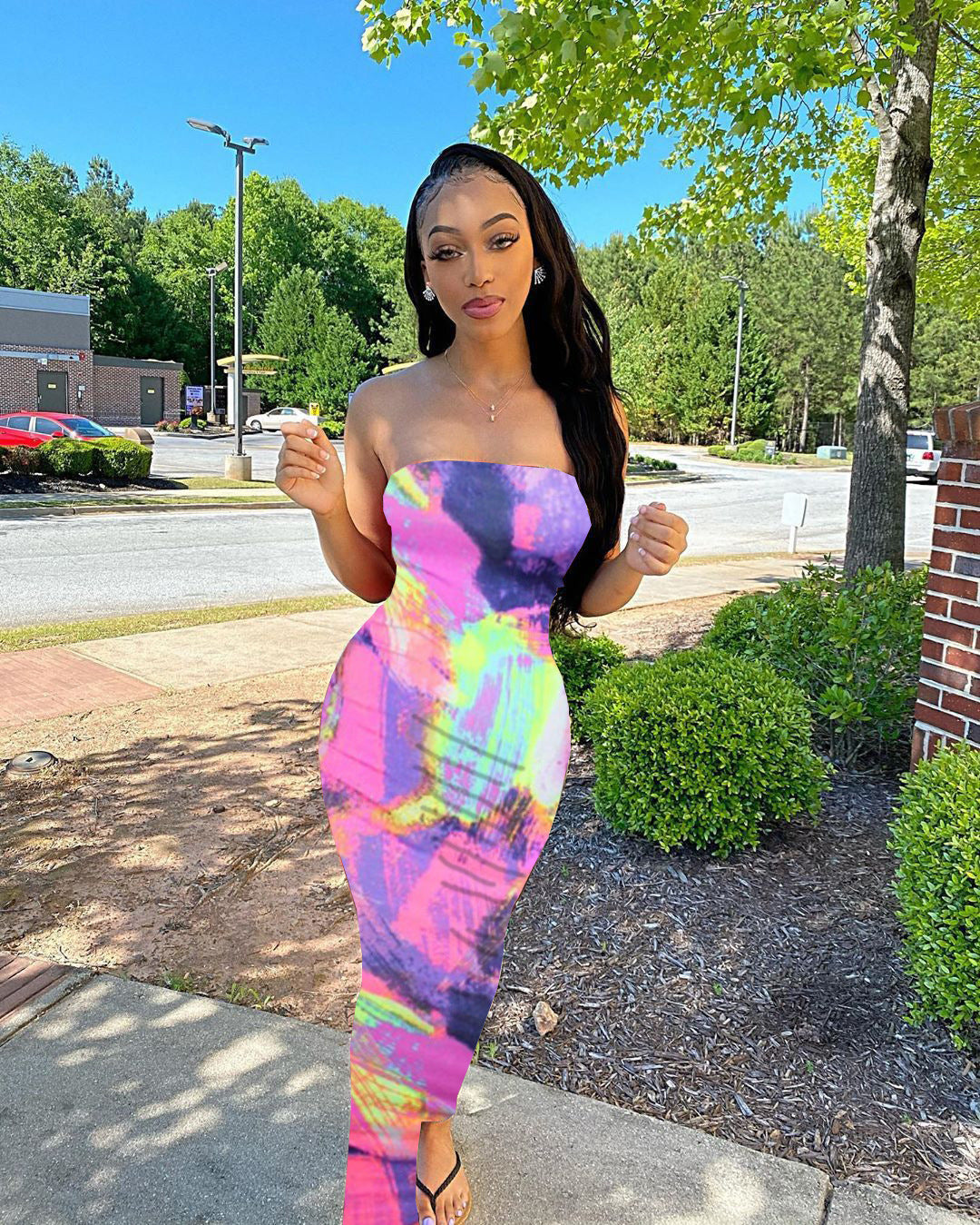 Vertical Stripe Print Strapless Tube Bodycon Maxi Dress 6