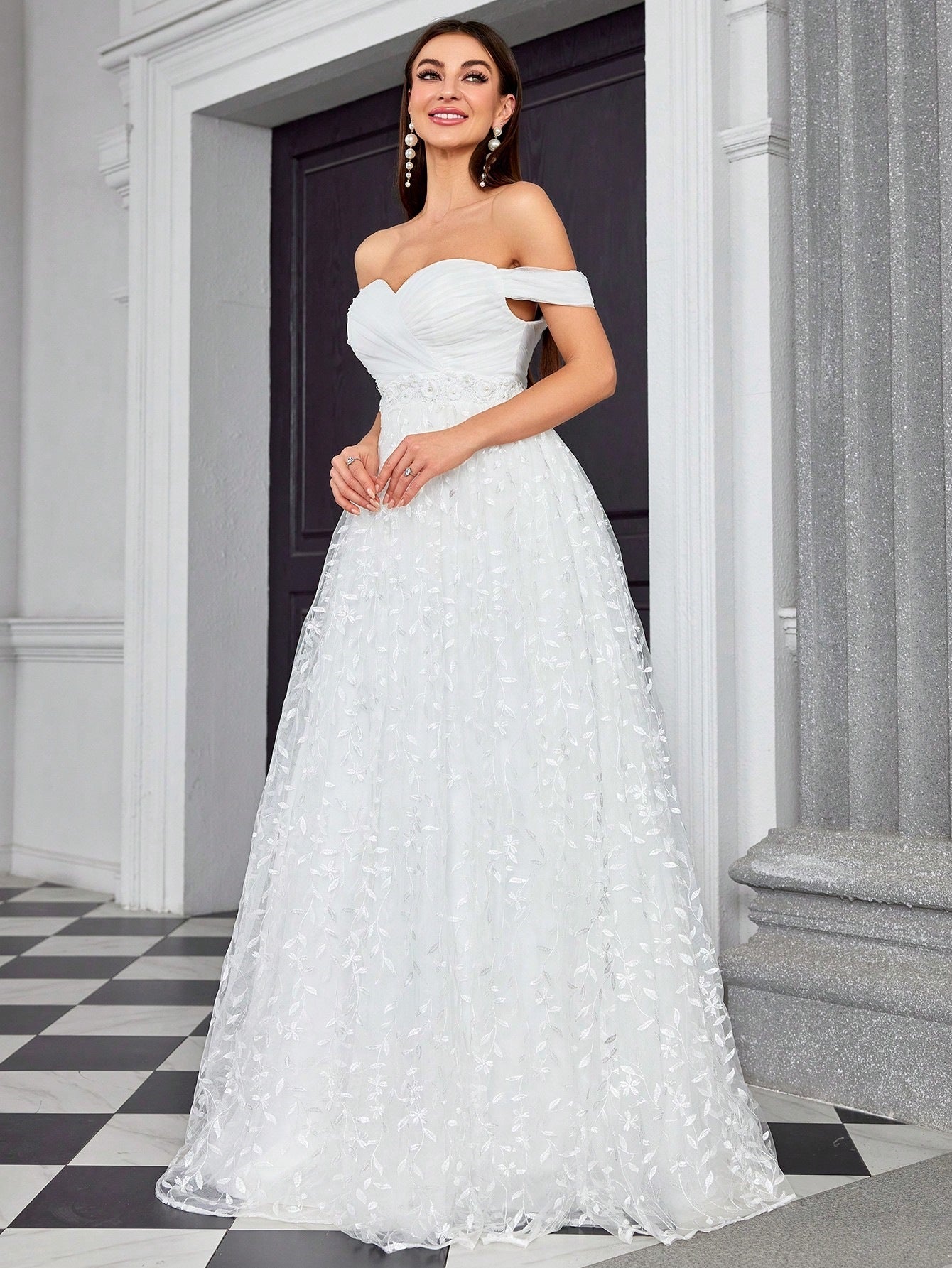 Floral Embroidered Off Shoulder Sweetheart A-Line Maxi Gown