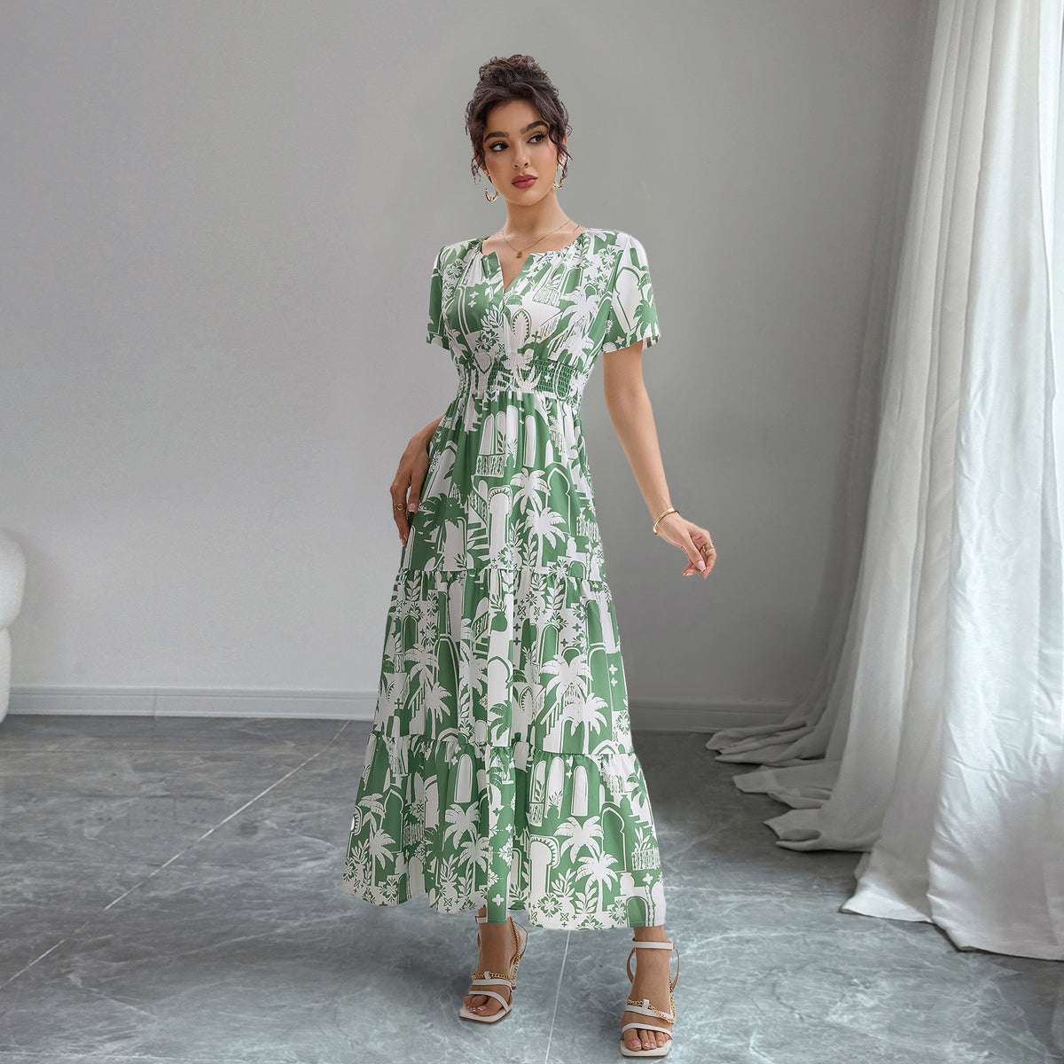 Arch Print Notch Neck Short Sleeve Smocked Waist Tiered Maxi Dress 4