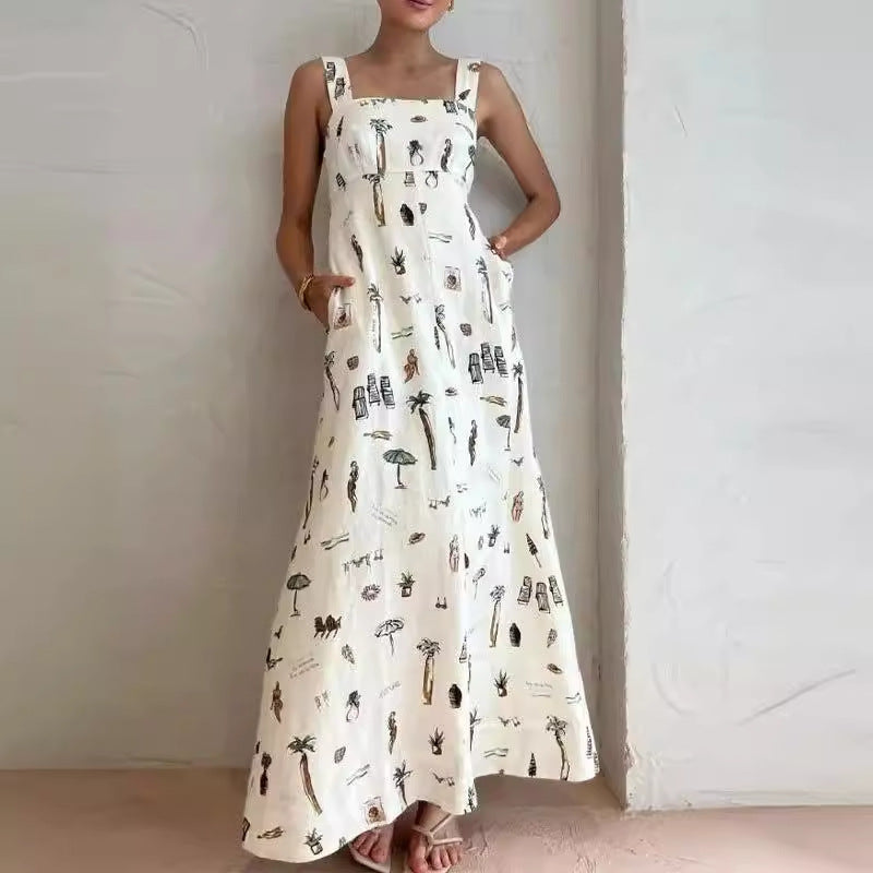Beach Novelty Print Square Neck Wide Strap Pocket A-Line Maxi Dress