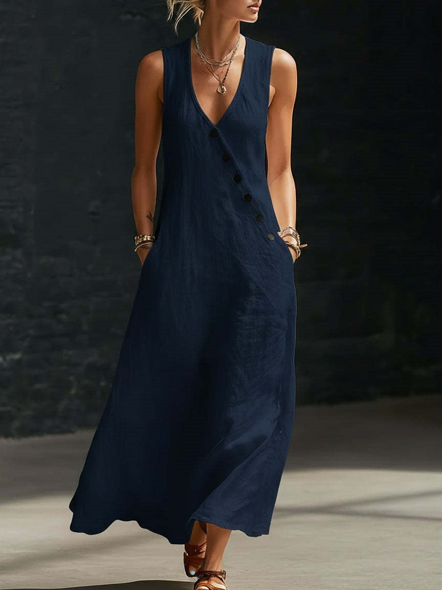 V-Neck Sleeveless Button Front Linen Maxi Dress 8