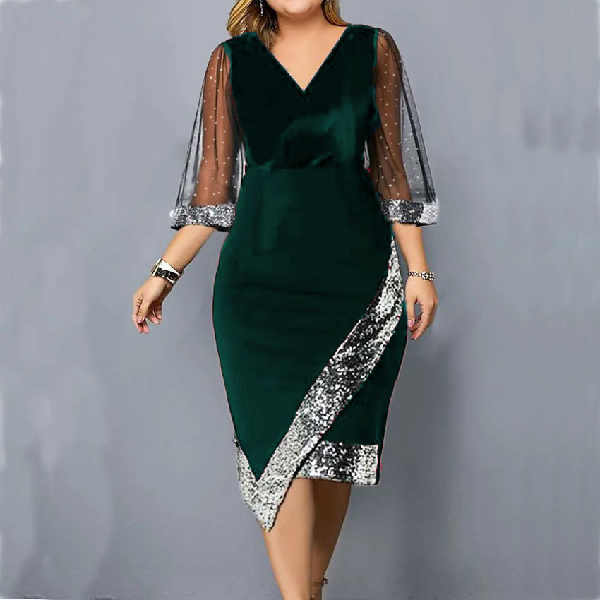 Velvet Sequin V-Neck Mesh Sleeve Bodycon Midi Dress 4