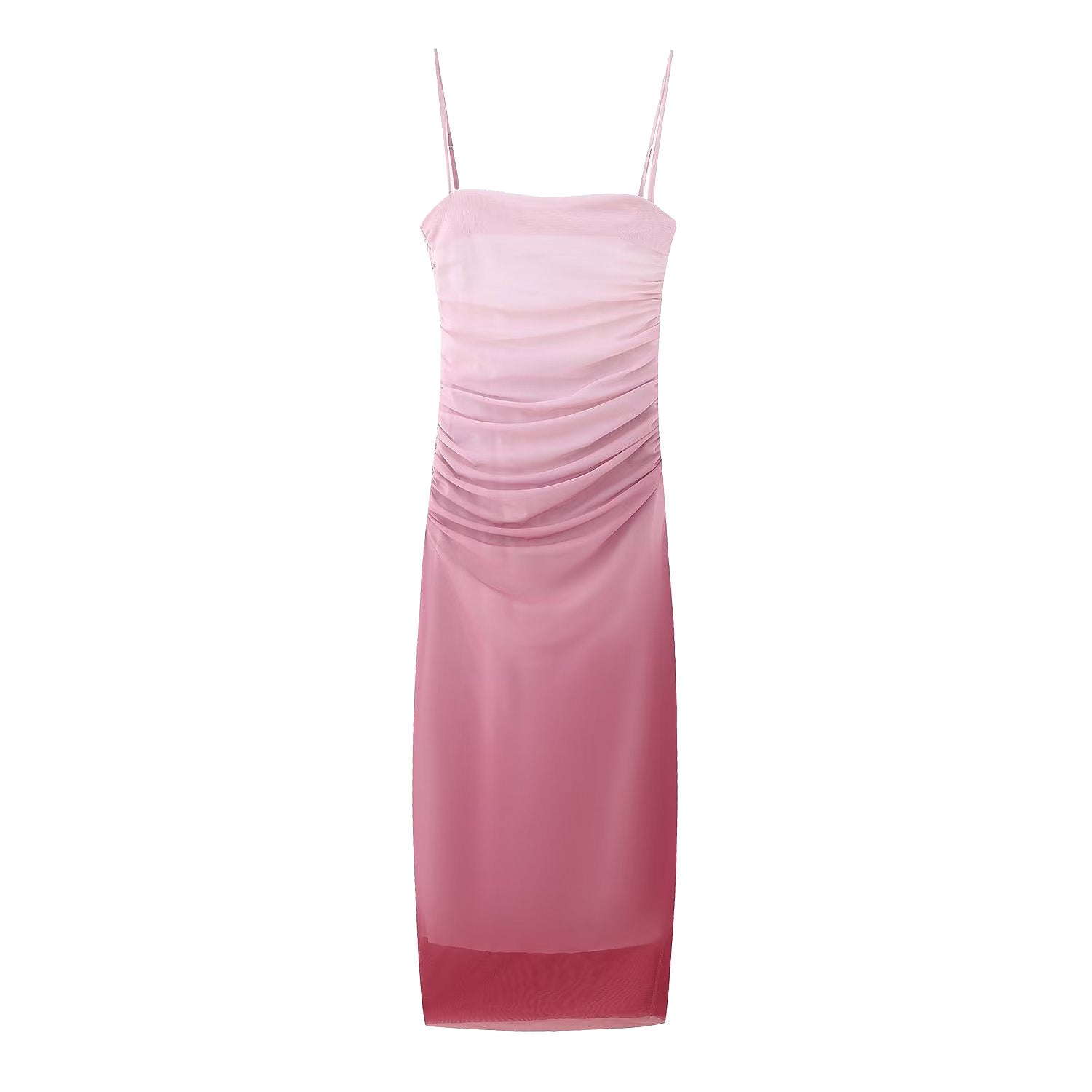 Mesh Square Neck Spaghetti Strap Ruched Zip Front Bodycon Midi Dress