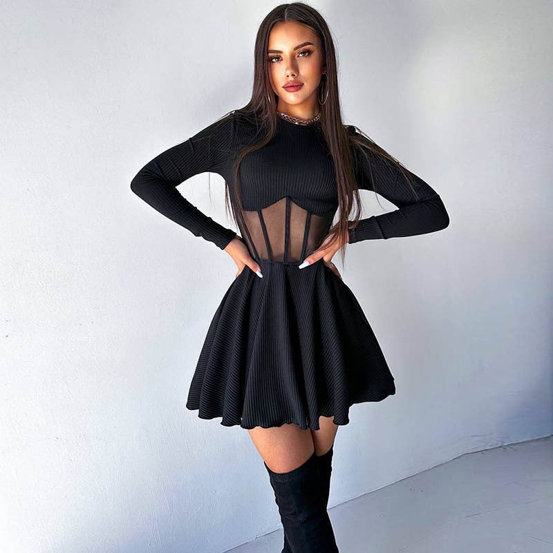 Long Sleeve Sheer Mesh Corset Waist Fit and Flare Mini Dress