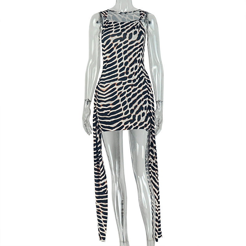 Animal Print Asymmetric Neck Cami Strap Side Drape Bodycon Mini Dress 5