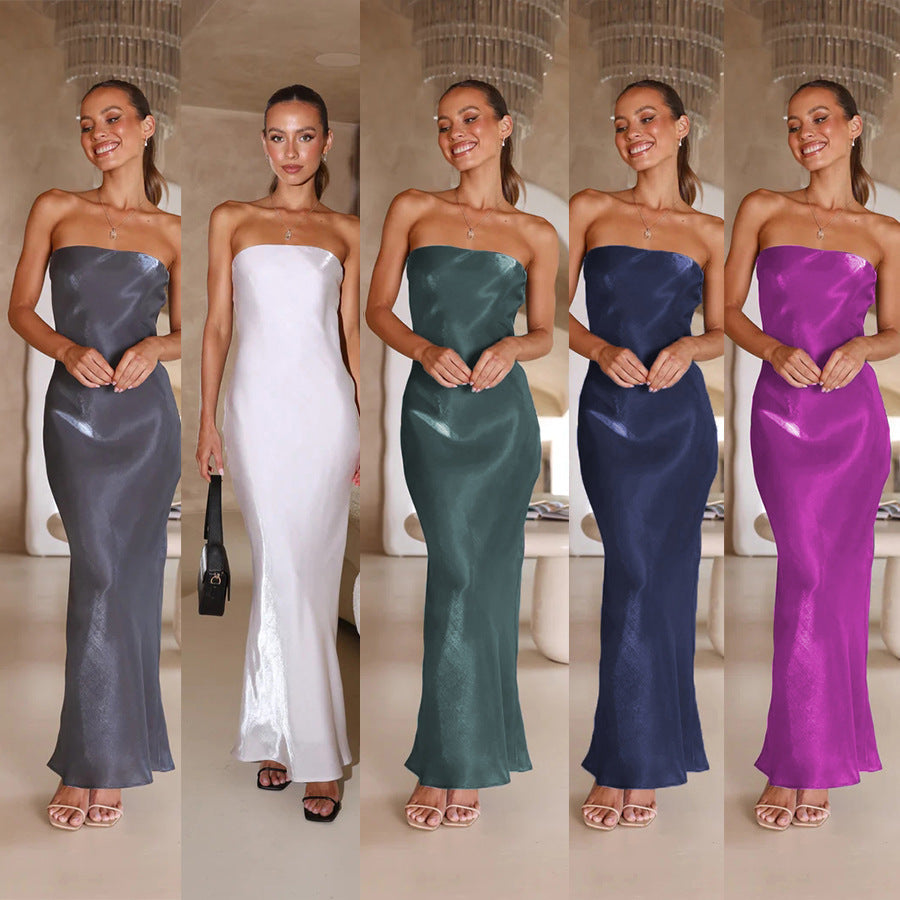 Strapless Bandeau Satin Column Bodycon Maxi Dress