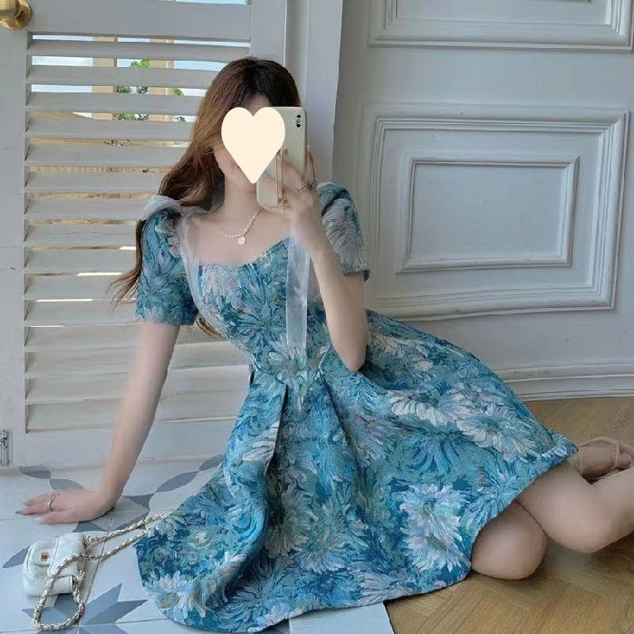 Floral Jacquard Sweetheart Neck Puff Sleeve Pleated Fit and Flare Mini Dress 6