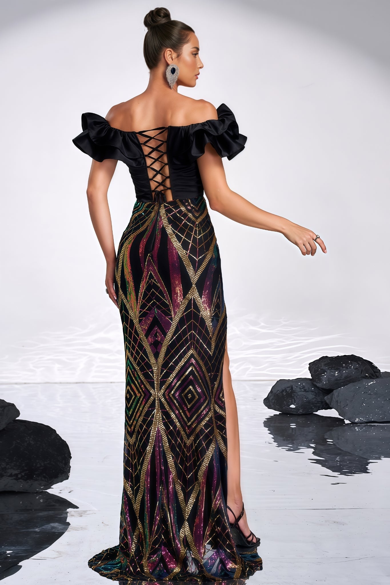 Sequin Off Shoulder Ruffle Corset Bodice High Split Mermaid Maxi Gown