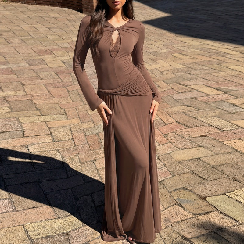 Arrival Sexy Cutout V neck Lace Collar Slim Fit Long Sleeve Stitching Twisted Ribbon Dress Women