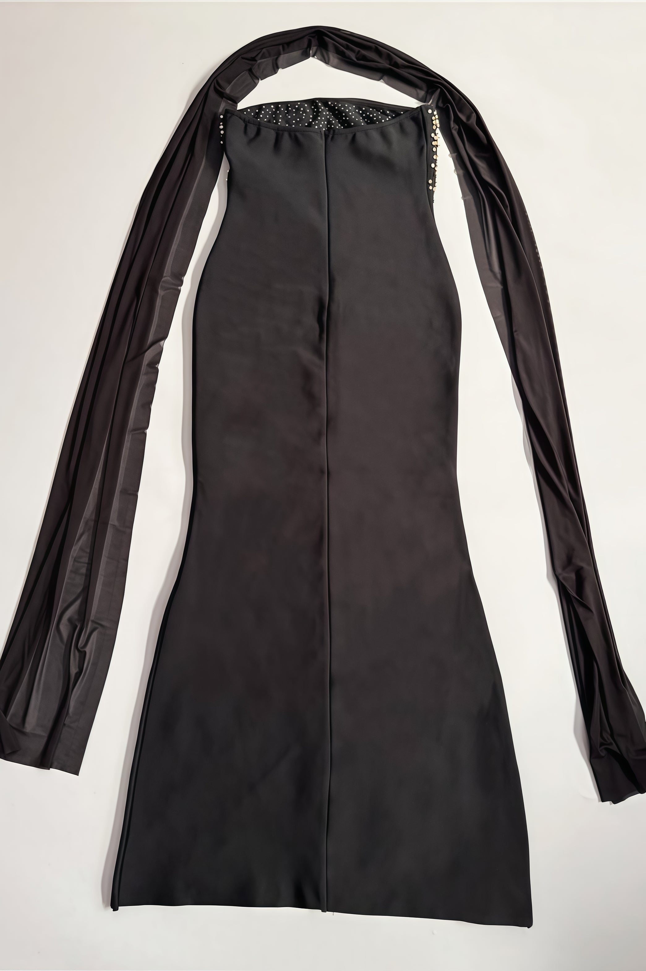 Beaded Strapless Column Sheer Cape Wrap Maxi Gown