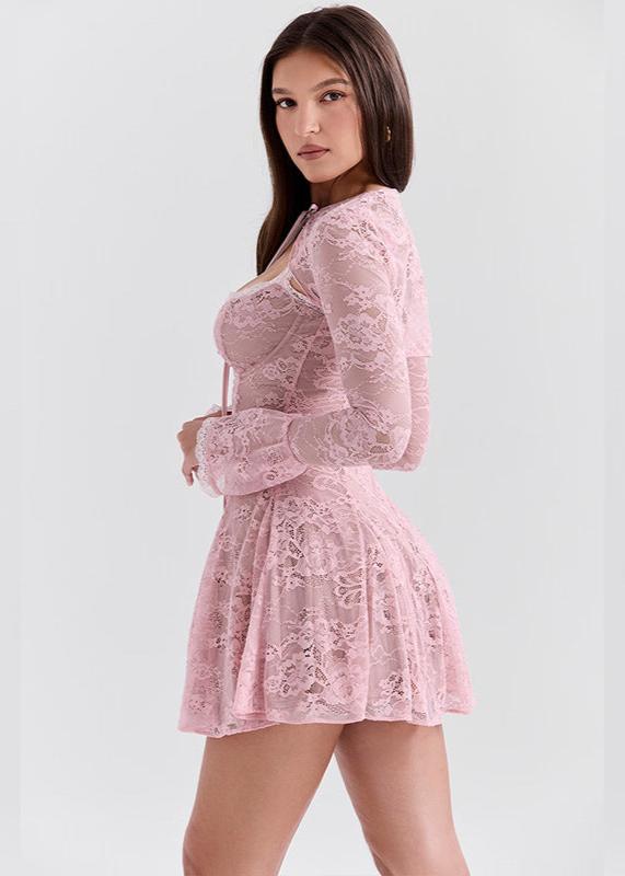 Sheer Floral Lace Long Sleeve Tie Front Skater Mini Dress