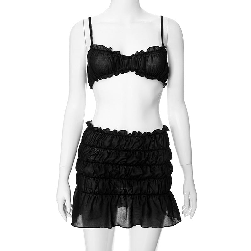 Ruched Pleated Denim Mini Skort