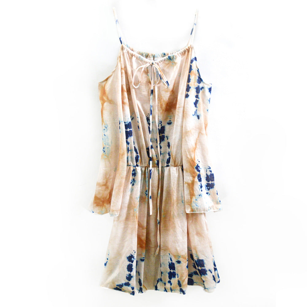 Tie Dye Cold Shoulder Long Sleeve Tie Neck Elastic Waist Mini Dress 4