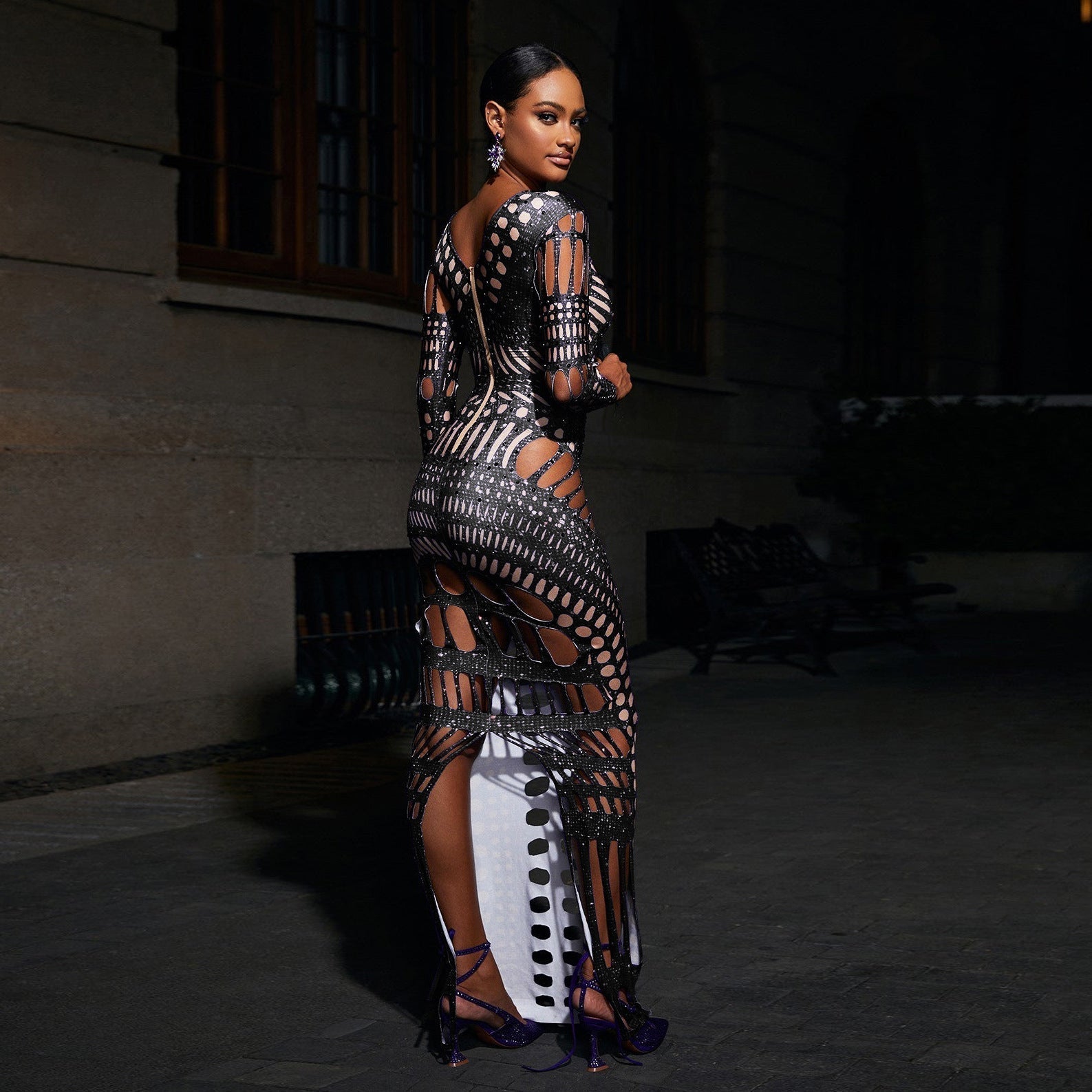 Sequin Deep V-Neck Mesh Panel Lattice Cut Out Long Sleeve Maxi Gown