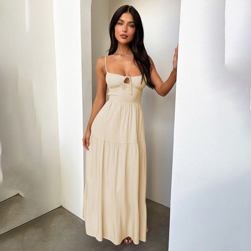 Spaghetti Strap Ruched Tie Front Bust Keyhole Tiered Maxi Dress