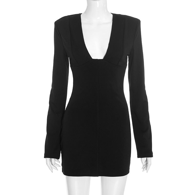 Deep V-Neck Long Sleeve Padded Shoulder Blazer Mini Dress 2