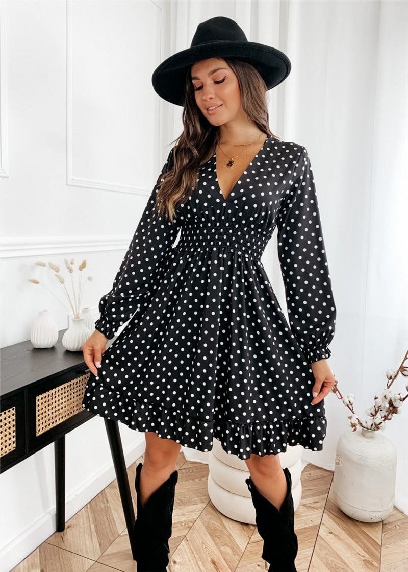 Polka Dot Deep V-Neck Long Sleeve Smocked Waist Flare Mini Dress