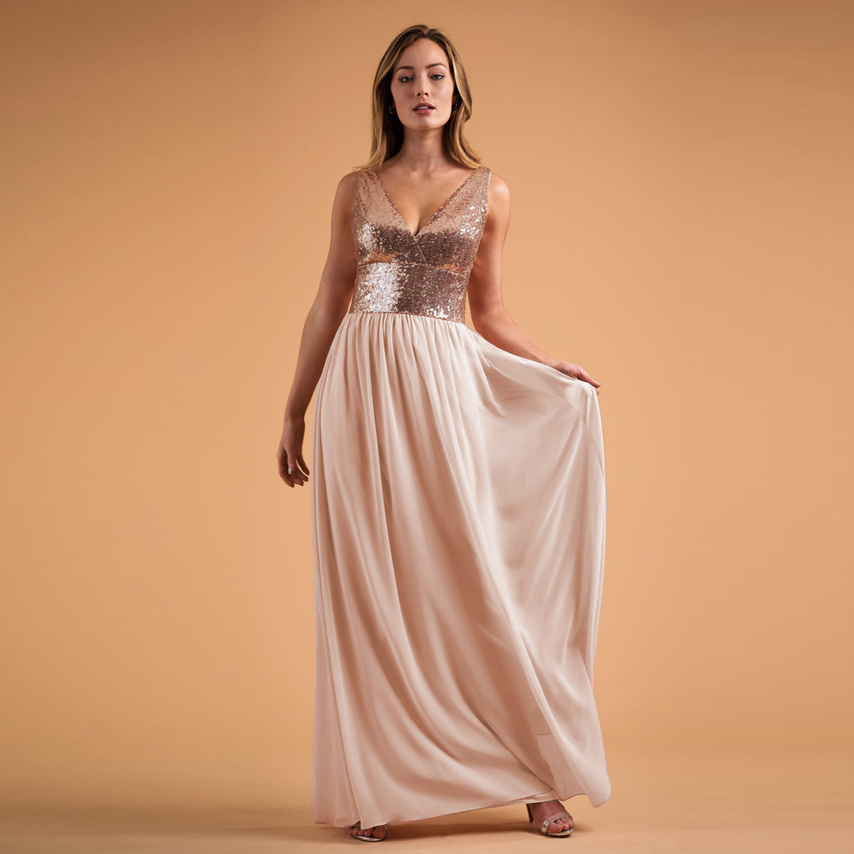 Sequin V-Neck Sleeveless Chiffon A-Line Bridesmaid Gown - View 5