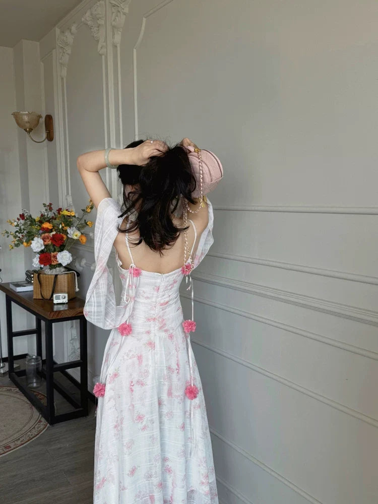 Floral Spaghetti Strap Backless Appliqué Maxi Dress