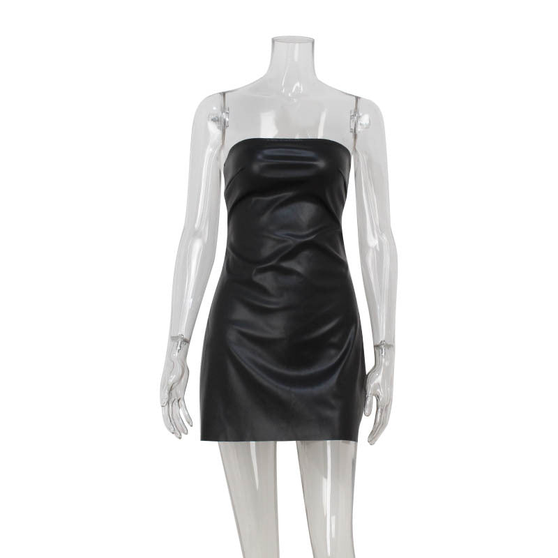 Faux Leather Strapless Tube Top Cinched Waist Bodycon Cocktail Mini Dress