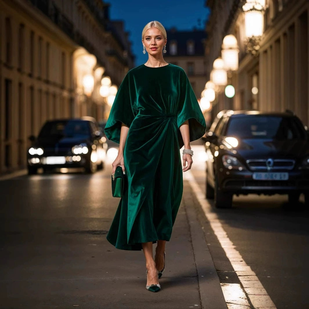 Velvet Round Neck Batwing Sleeve Side Twist Ruched Midi Cocktail Dress