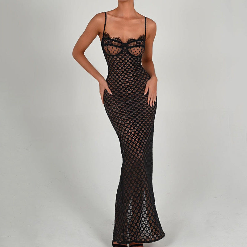 Autumn Sexy Suspender Tight Dress Lace Backless Split Polka Dot Dress - View 4