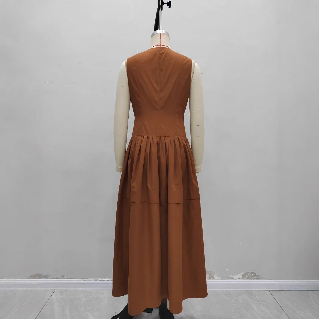 Brown Sleeveless round Neck Front Zipper Design High Waist Big Swing Layered Dress Vacation