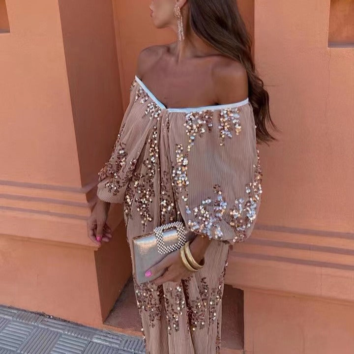 Sequin Off Shoulder Deep V-Neck Lantern Sleeve Mesh Maxi Dress