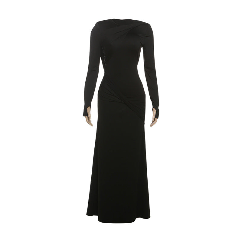 Crew Neck Long Sleeve Draped Wrap Front Mermaid Maxi Dress 2