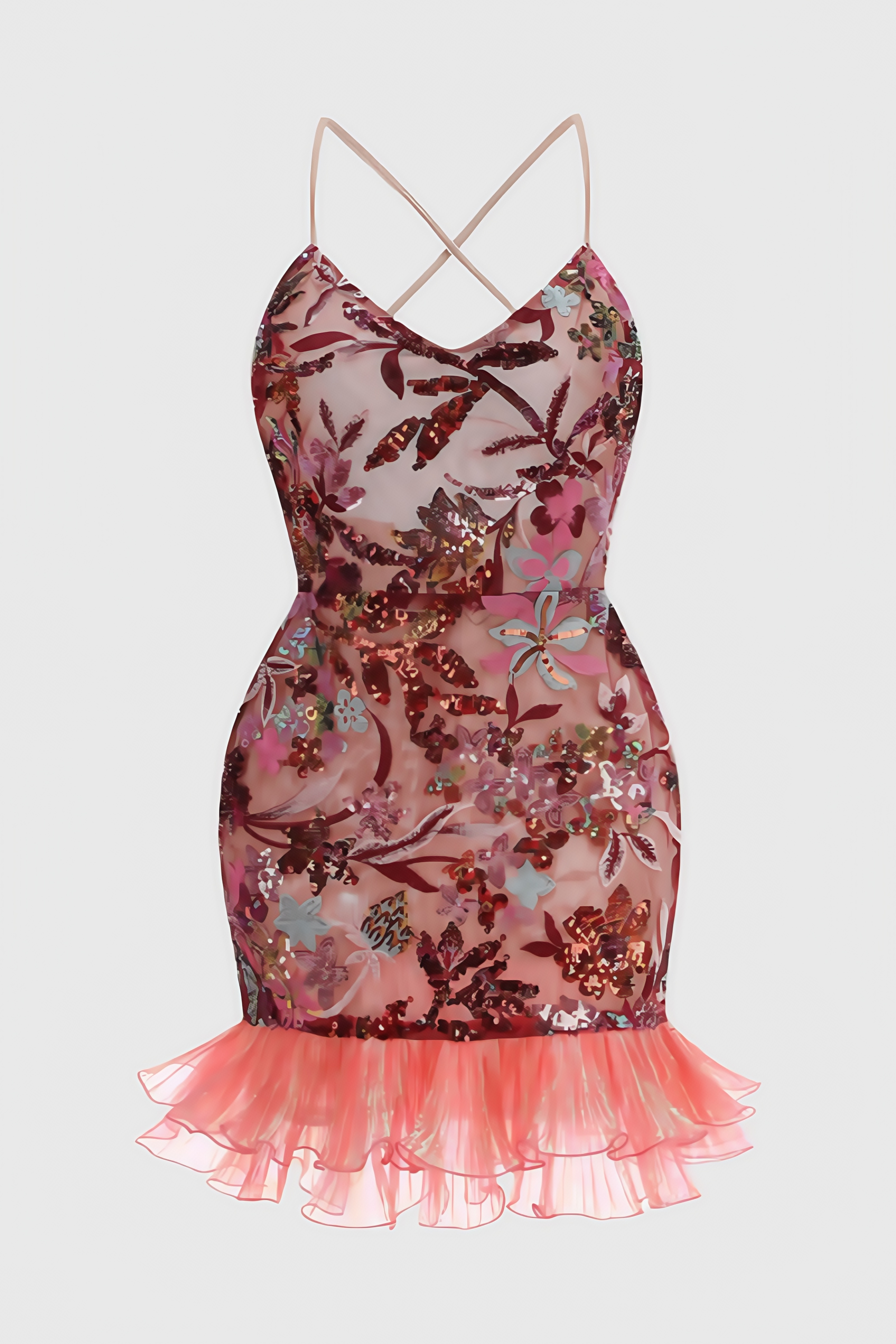 Sequin Floral Sweetheart Spaghetti Strap Ruffle Bodycon Mini Dress
