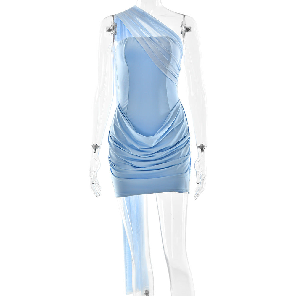 Mesh Drape One Shoulder Ruched Bodycon Mini Dress 2