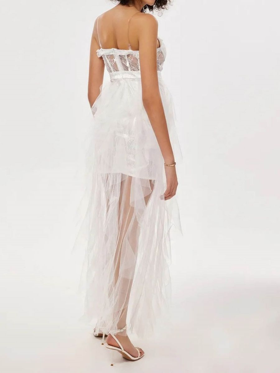 Lace Bustier Sweetheart Cami Tiered Tulle High Low Wedding Dress 3
