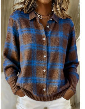 Collared Button Front Plaid Knit Cardigan